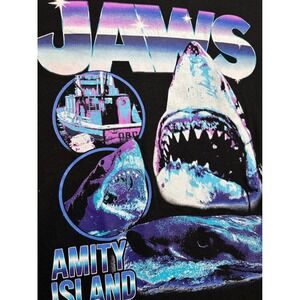 Jaws Amity Island Graphic T-Shirt Mens Large Black Retro Vaporwave Shark Movie